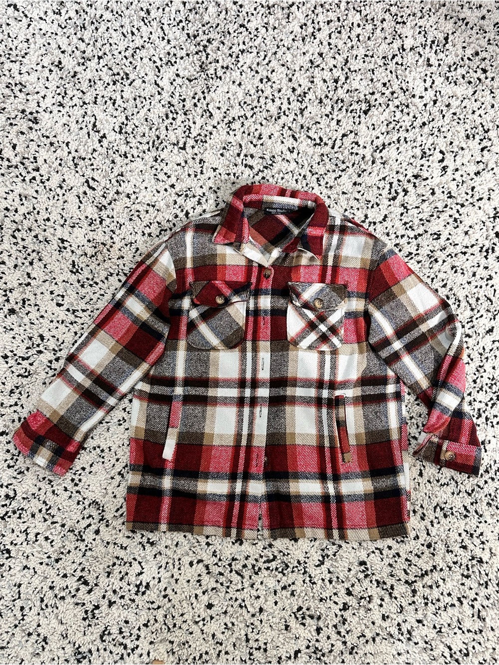Plaid Button-Front Jean Jacket in Red, Brown, Cream, and Black